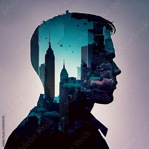 Businessman silhouettebackground, head silhouette and skyscrapers double exposure, new york style buildings. Created using generative AI photo