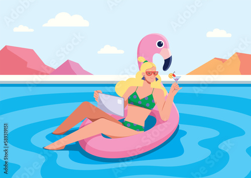 Freelancer Woman in Pool