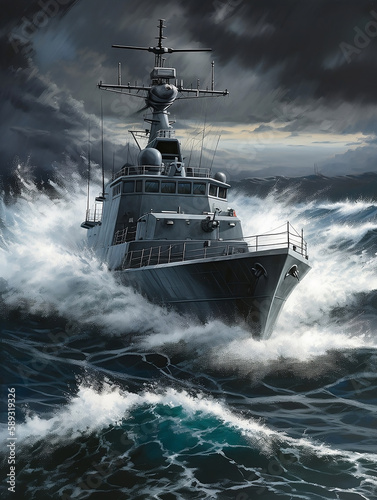  WAR SHIP COMING THROUGH A BIG WAVE DIGITAL ART