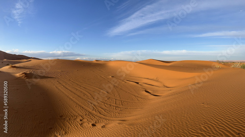 Merzouga  Morocco  Africa  panoramic view of the dunes in the Sahara desert  grains of sand forming small waves on the beautiful dunes at sunset  