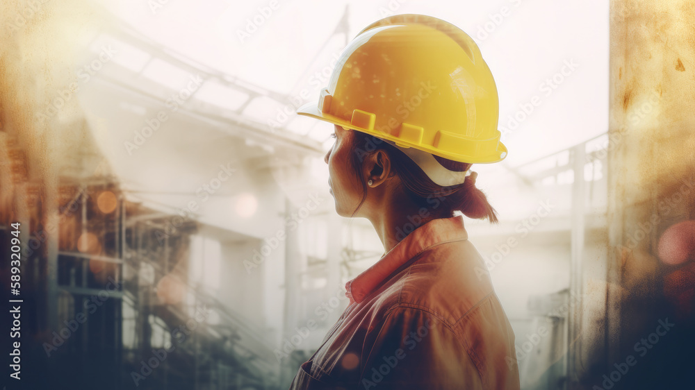 Woman engineer builder. Double exposure illustration. Generative AI