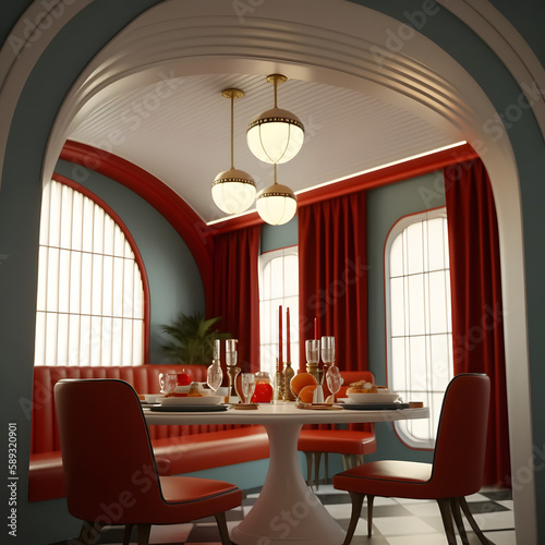 1950's dinner, white ceiling, red detailed, view on the counter and booths, AI generated  © Coxbow Design