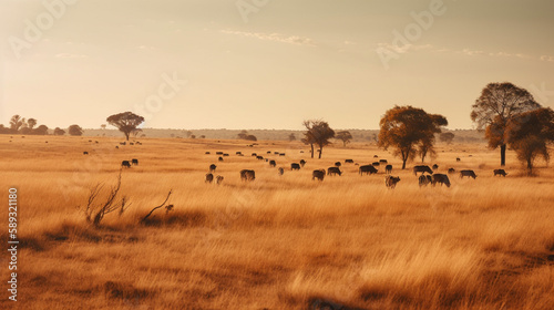 A sprawling savanna with golden grasses and herds Generative AI
