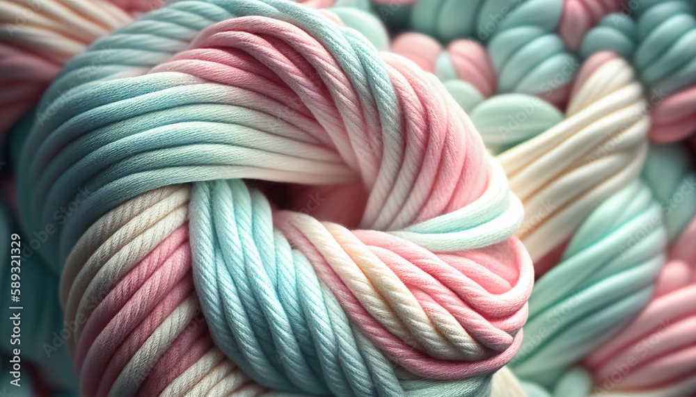 A colorful pastel yarn for knitting is shown in a close up shot. Generated AI