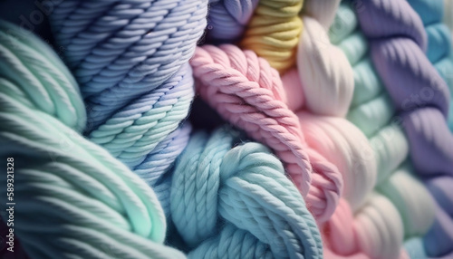 A colorful pastel yarn for knitting is shown in a close up shot. Generated AI