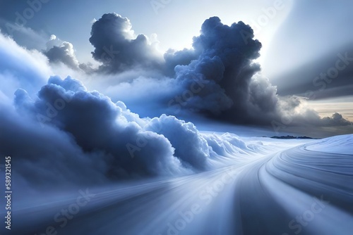 sun behind the clouds, blue sky, vibrant brushstroke clouds in shades of blue, storm clouds brewing, beauty in nature, a path to heaven, road in the clouds. Generated by AI