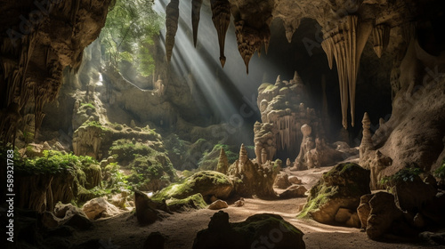 Fotografie, Tablou A mysterious cave with stalactites and stalagmites Generative AI