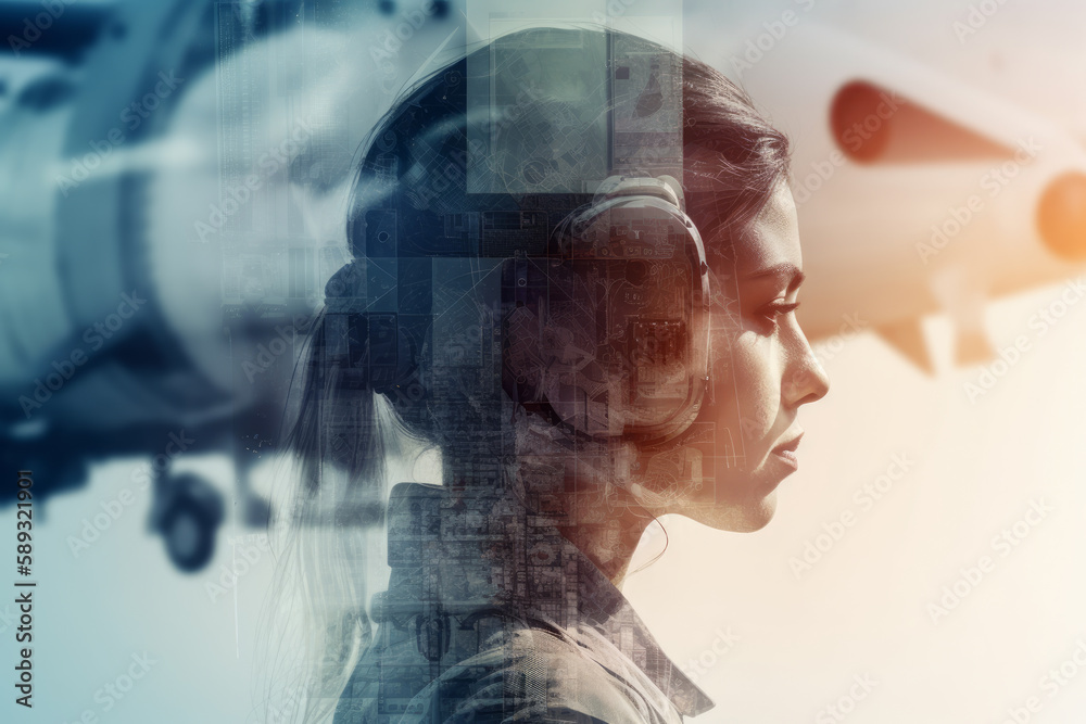 Obraz premium Airplane pilot girl Generative AI