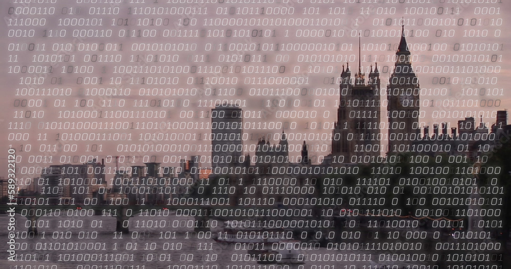 Obraz premium Image of binary coding over london cityscape