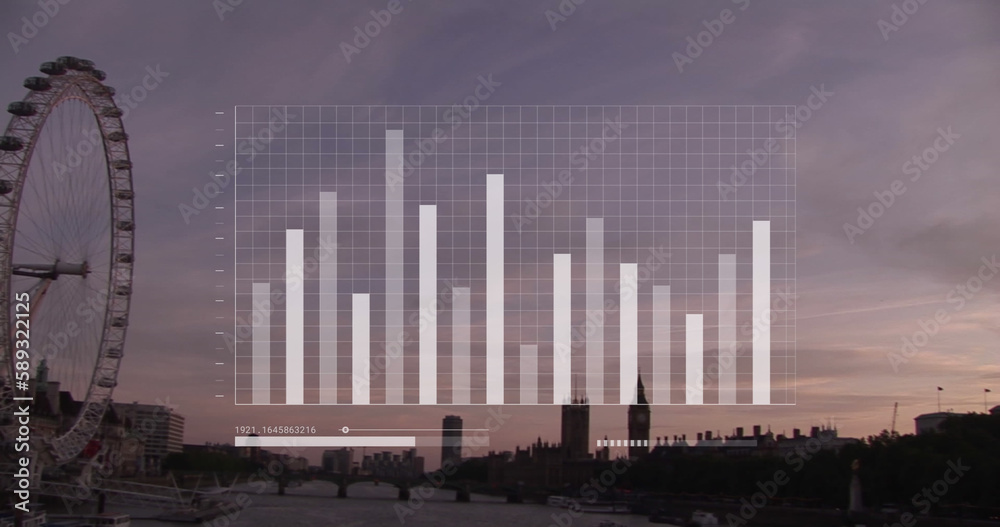 Fototapeta premium Image of data processing and graph over london cityscape