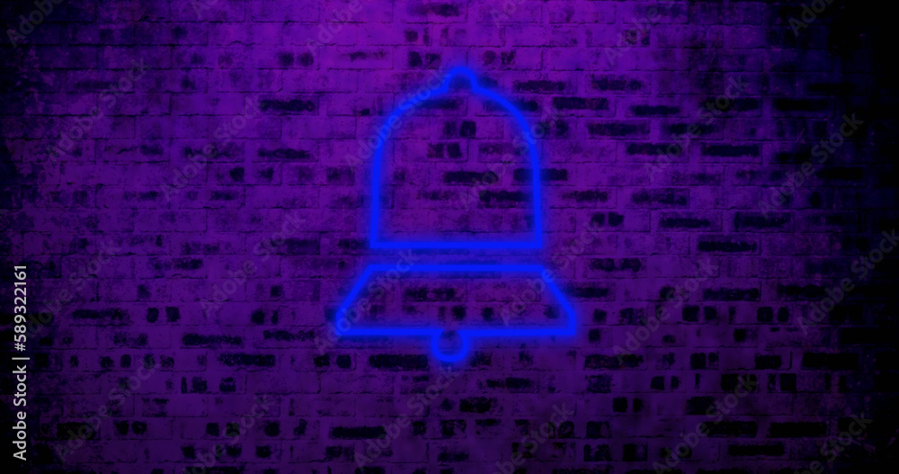 Image of blue neon bell icon on brick background