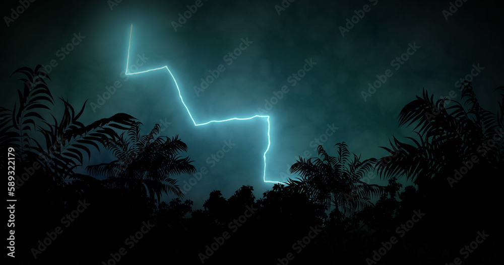 Naklejka premium Image of lightning striking over palm trees and stormy clouded sky