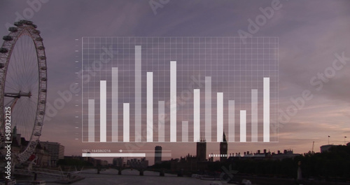 Image of data processing and graph over london cityscape