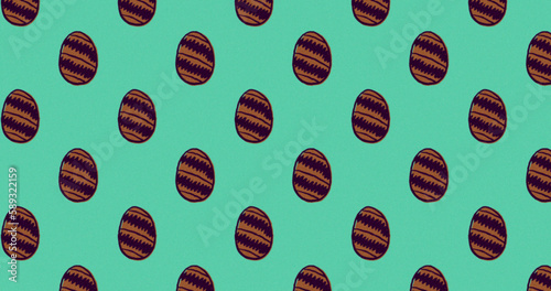 Image of multiple rows of patterned brown Easter eggs moving in formation in seamless loop on green 