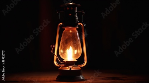 oil lamp with flame on black, Generative AI