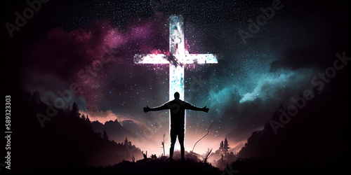 The silhouette of a man with outstretched arms, standing in a wild forest area, against the backdrop of a huge luminous cross in the multi-colored night sky. Generative AI