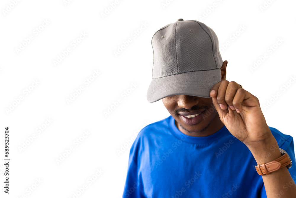 African american man wearing blue t-shirt and grey cap with copy space on white background African american man wearing blue t-shirt and grey cap with copy space on white background
