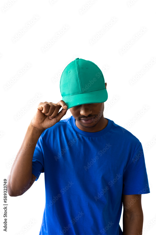 African american man wearing blue t-shirt and green cap with copy space on white background
