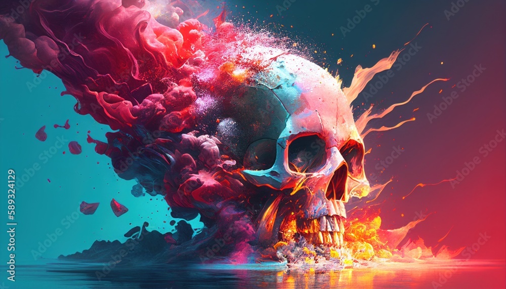 Skull in splashes of paint by Generative AI