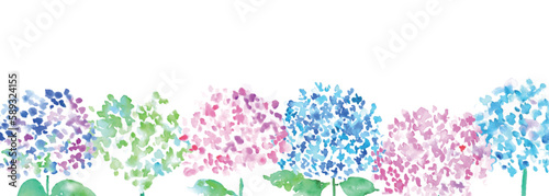 水彩画。水彩タッチの紫陽花ベクターフレームイラスト。6月の梅雨植物背景イラスト。Watercolor. Hydrangea vector frame illustration with watercolor touch.June rainy season plant background illustration.