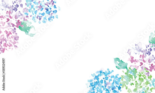 水彩画。水彩タッチの紫陽花ベクターフレームイラスト。6月の梅雨植物背景イラスト。Watercolor. Hydrangea vector frame illustration with watercolor touch.June rainy season plant background illustration.