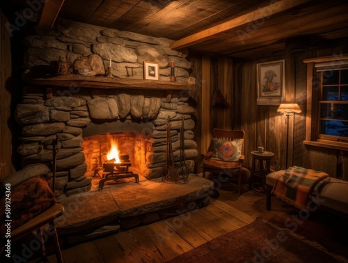 A cozy, lit fireplace in a cabin © Suplim