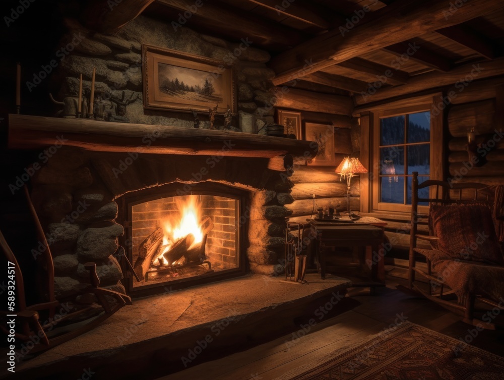 A cozy, lit fireplace in a cabin A cozy, lit fireplace in a cabin