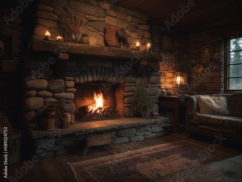 A cozy  lit fireplace in a cabin