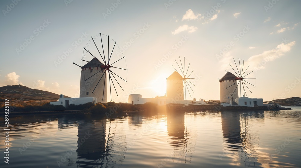 Historic Greek windmills on sunset with reflection in calm sea water, beautiful romantic Greece, AI generative