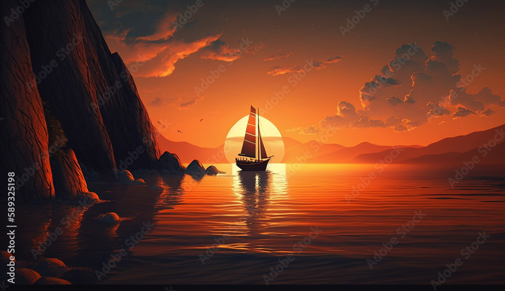 Sailboat in the ocean with sunset background. Generative AI
