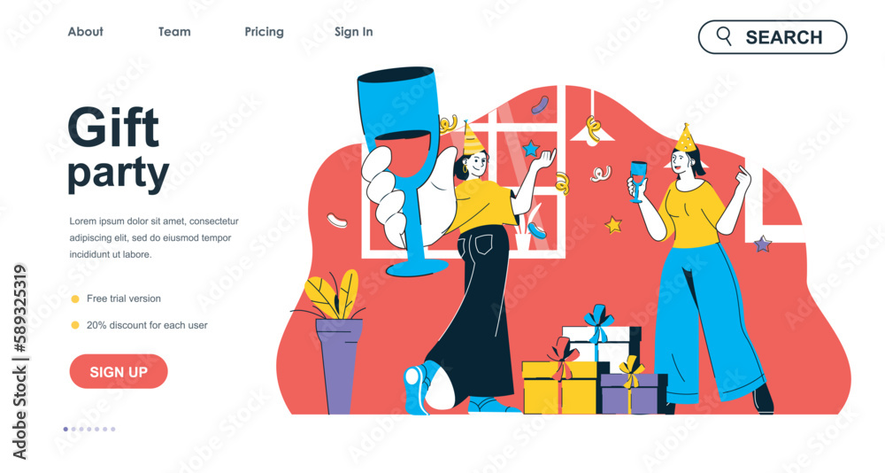Fototapeta premium Gift party concept for landing page template. Women celebrating holiday, giving gifts and drinking champagne. Festive event people scene. Vector illustration with flat character design for web banner