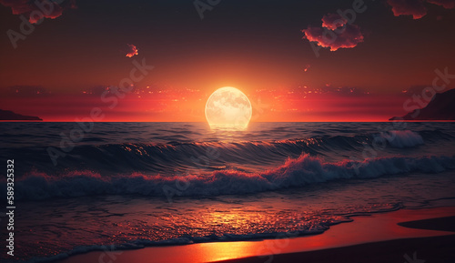 sunset background ocean with full moon in the sky. Generative AI