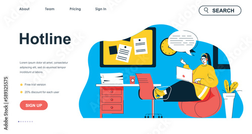 Hotline concept for landing page template. Woman operator consults, answers calls and messages. Customer support center people scene. Vector illustration with flat character design for web banner