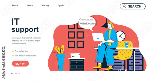 IT support concept for landing page template. Woman operator solves problems of software users. Technical support service people scene. Vector illustration with flat character design for web banner