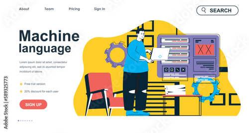 Machine language concept for landing page template. Programmer gives instruction and works on laptop. Software development people scene. Vector illustration with flat character design for web banner