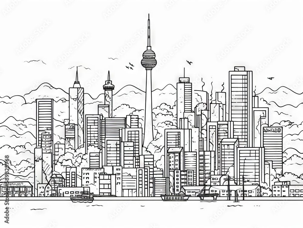 A clean and simple line drawing of a city skyline