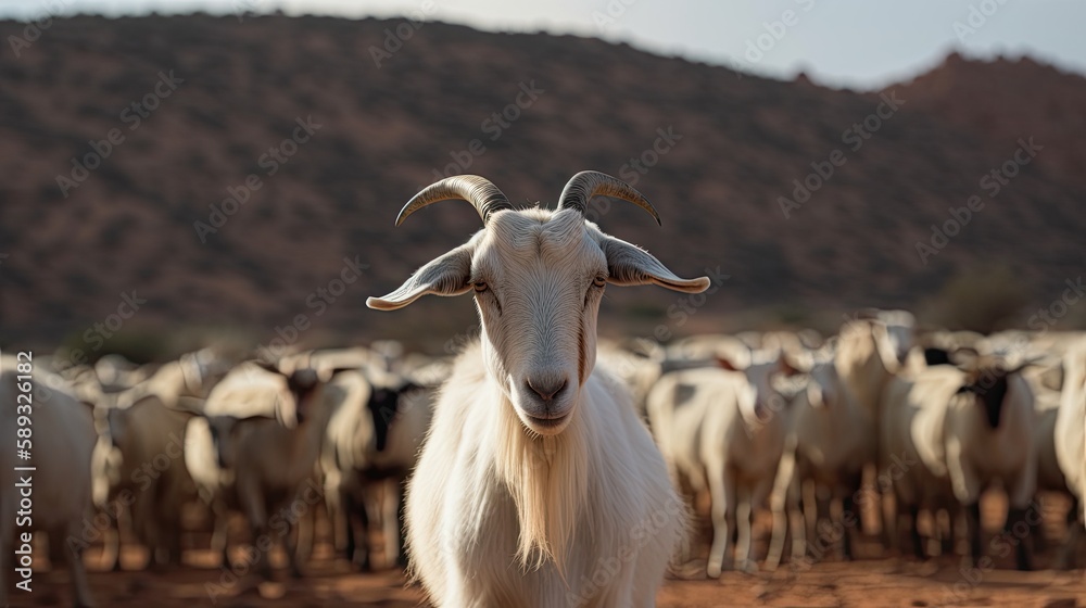Fototapeta premium A white goat looking into the cameera, it's herd in the background. generative ai