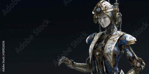 Humanoid robot woman in oriental chinese outfit or style, on isolated dark background. Generative AI