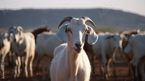 A white goat looking into the cameera, it's herd in the background. generative ai