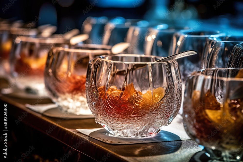 Row of drinks, mocktails, cocktails in glasses in fancy restaurant or night club, AI generative Row of drinks, mocktails, cocktails in glasses in fancy restaurant or night club, AI generative