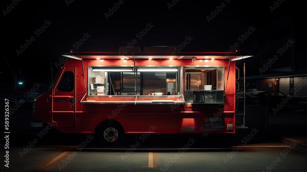 Empty food truck with lights turned on. generative ai
