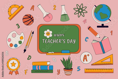Vector set for Teacher's Day. School supplies in 70's style. Blackboard, ruler, basketball, books, pencil, test tubes. Cartoon comic style. Teacher Celebration.