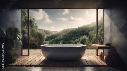 Luxury outdoor bathtub and shower with view of nature. generative ai © Neo