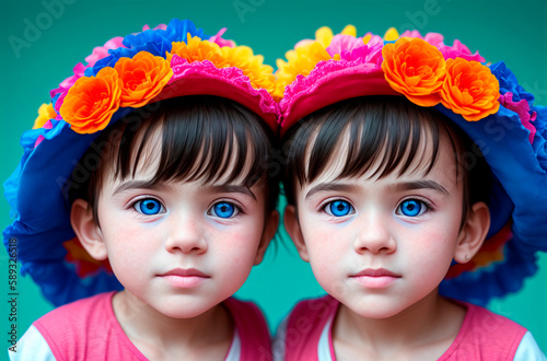 Beautiful african American twin girls kid. Generative AI.