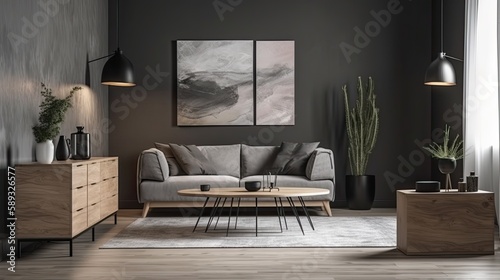 Stylish and scandinavian living room interior of modern apartment with gray sofa, design wooden commode, black table, lamp, abstract paintings on the wall. generative ai