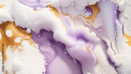 Abstract marble background in light purple and white colors with gold streaks. Ai generative illustration