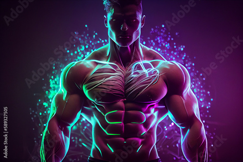 Sportive man bodybuilder is posing in the colorful neon light with naked muscular torso showing chest, abdominal muscles in neon studio light.