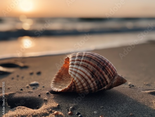 A broken seashell on a sandy beach