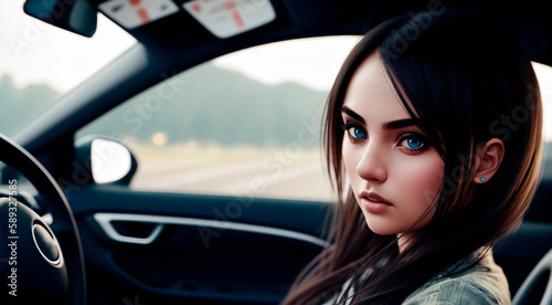 Close-up of a beautiful girl driving a car. A woman drives a car. Generative AI. © Anton Dios