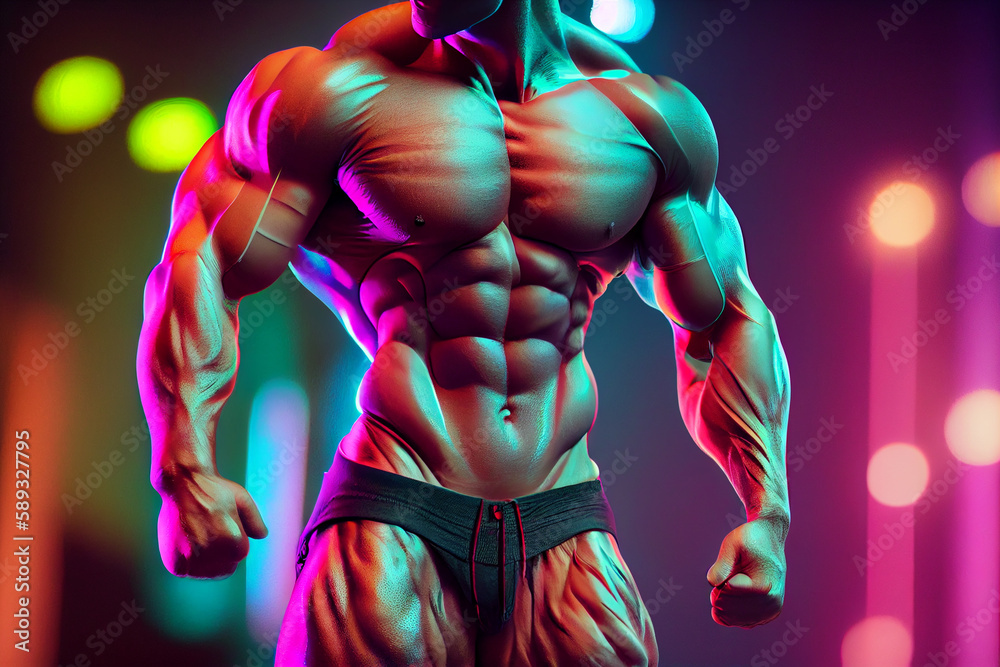 Muscular Man Torso Bodybuilder Is Posing In The Colorful Neon Light With Naked Muscular Torso 7310